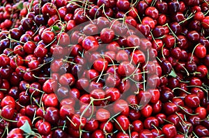 A bunch of berries of cherries at the market. ÃÂ  A large collection of fresh ripe red cherry. vitamins, healthy food